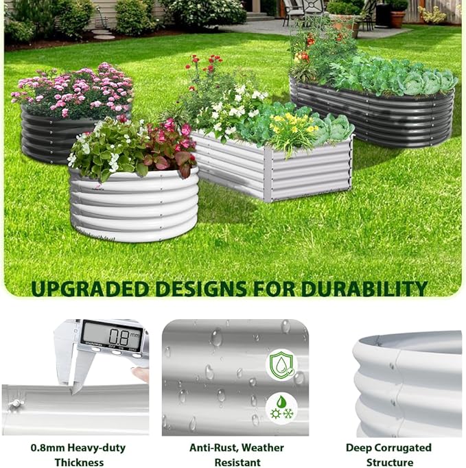 A ANLEOLIFE 4-Packs 4ft x 18” Tall Round Galvanized Raised Garden Beds Outdoor for Planting Vegetables Flowers Herb, Antique White