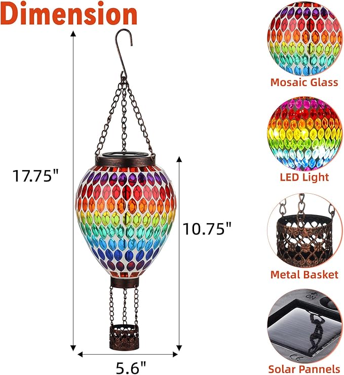 VOREEN Hot Air Balloon Solar Lantern, Handmade Mosaic Solar Outdoor Hanging Wind Light, Waterproof, Patio Festive Decor, Gift for Mom Wife Friend, Rainbow Pattern