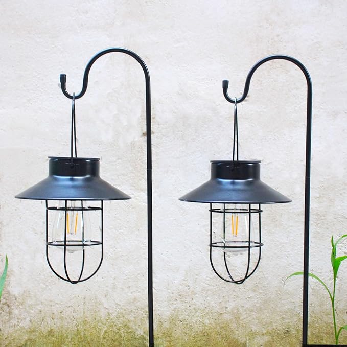 Solar Lanterns Outdoor Waterproof,4pack Hanging Solar Lights Lantern Lamp with Shepherd Hook, Metal Waterproof Edison Bulb Lights for Garden Outdoor Pathway