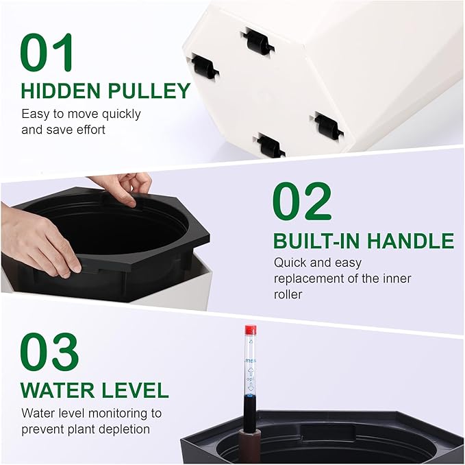 CABIHOME Set of 2 Large Tall Planter for Indoor or Outdoor,22.5" Self-Watering Diamond Planters with Water Level Monitor & Wheels for Garden, Front Porch, Patio, White