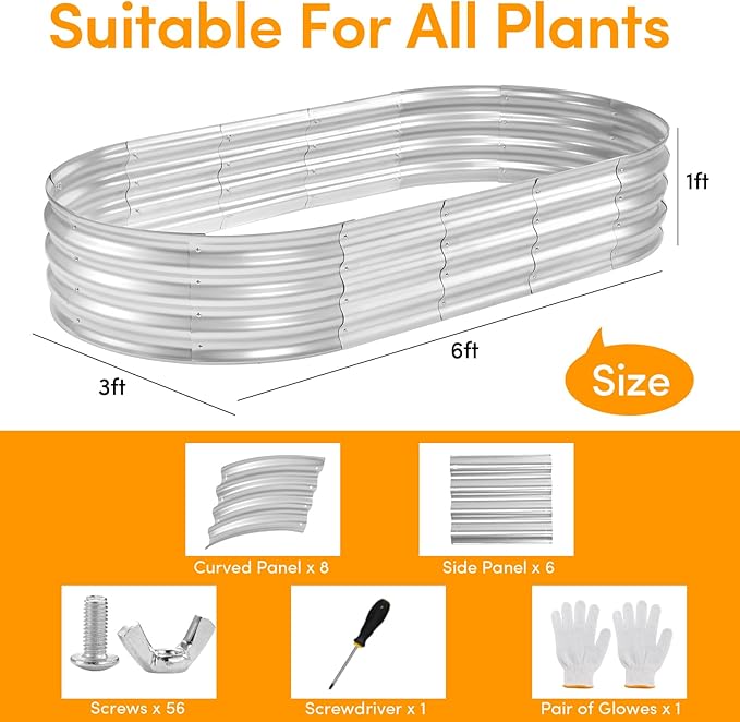 Galvanized Raised Garden Bed, 6x3x1ft Planter Box for Outdoor Gardening, Durable Metal Raised Garden Box with Open Base Design for Vegetables, Fruits, Flowers (Silver, 6×3×1FT (1-Pack)