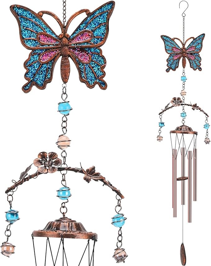 Blue Butterfly Wind Chimes - Wind Chimes for Outside Deep Tone 34 inches 5 Aluminum Tubes, Thanksgiving, Christmas, Birthday Gifts for Mom, Grandma, Daughter, Decor for Home, Garden, Patio, Backyard