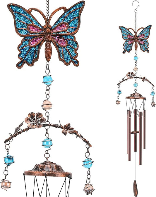 Blue Butterfly Wind Chimes - Wind Chimes for Outside Deep Tone 34 inches 5 Aluminum Tubes, Thanksgiving, Christmas, Birthday Gifts for Mom, Grandma, Daughter, Decor for Home, Garden, Patio, Backyard