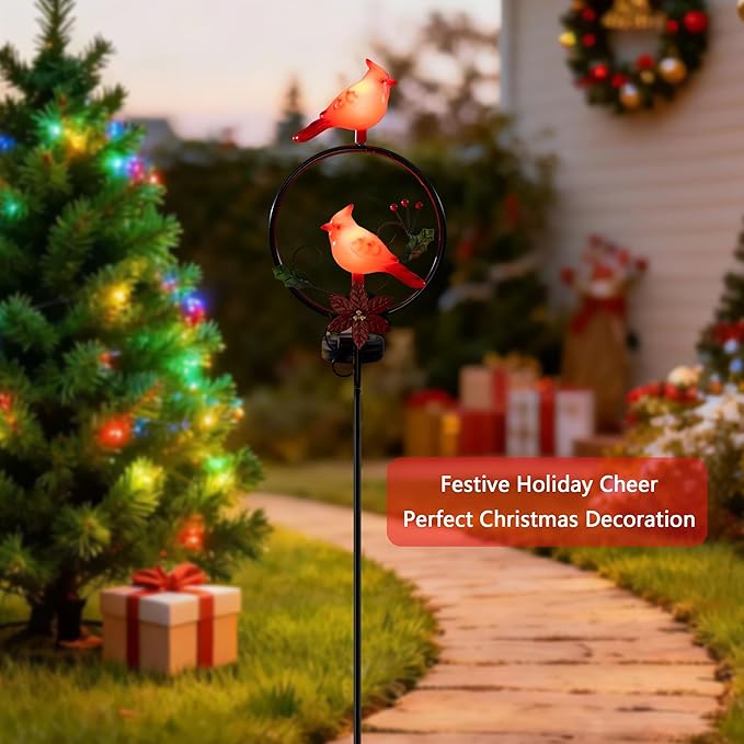 Cardinal Solar Christmas Lights Outdoor with Holly Berries, Solar Powered Waterproof Garden Stake for Patio Yard Decor, Memorial Gift for Mom & Grandma