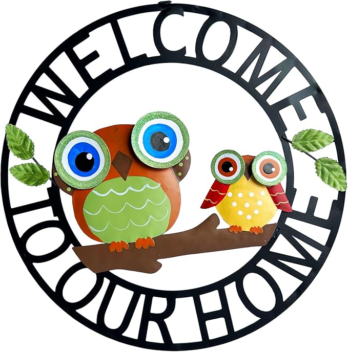 Welcome Owl Metal Door Wreath with Welcome to Our Home Sign, Decorative Outdoor Sign for Home, Garden, Porch or Front Door Wall Decorations
