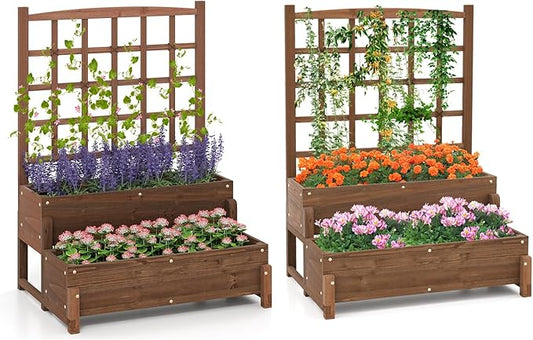 Byroce Outdoor Raised Garden Bed, Garden Planter Box with Lattice Trellis, Legs & Drainage Hole, 2-Tier Standing Elevated Planter for Flower, Fruit, Vegetable & Climbing Plants in Patio, Balcony (2)