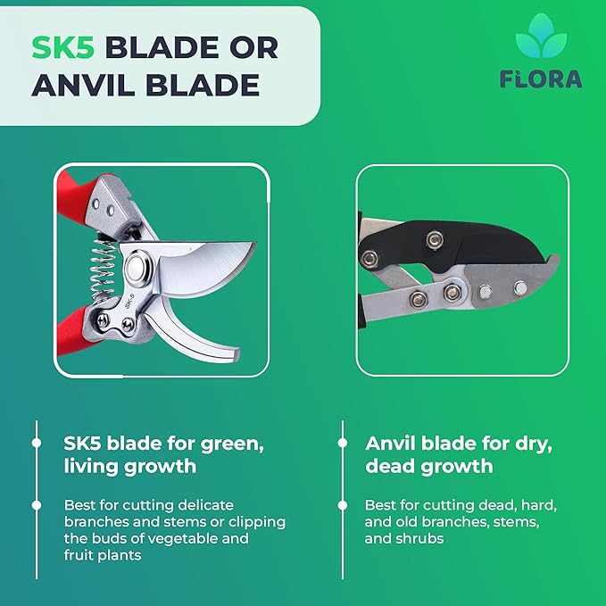 Flora Pruning Shears – SK5 Steel Garden Scissors with Safety Lock, 1” Cutting Capacity, Ergonomic Non-Slip Handles, Bypass Hand Pruners for Plants, Roses, Bonsai & Shrubs
