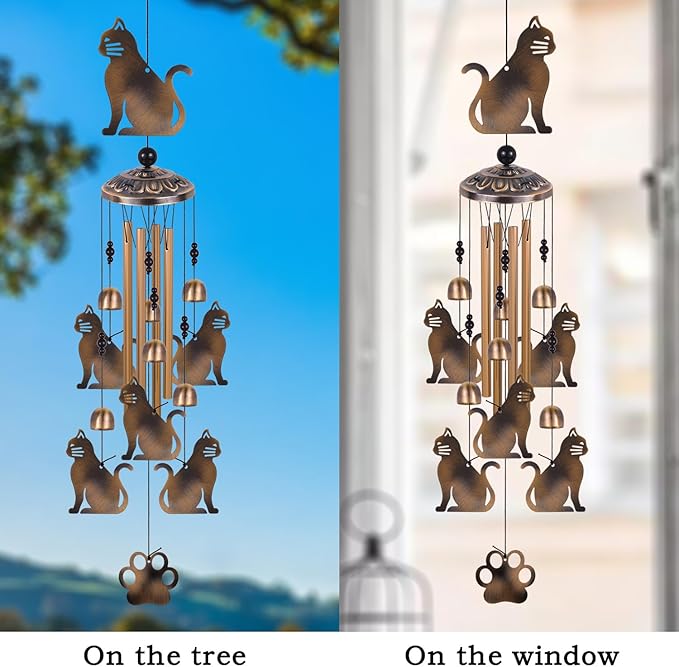 Bronze Cats Wind Chimes for Garden/Home/Balcony/Lawn/Tree/Yard/Indoor/Outside Decoration, Retro Wind Catcher, Cat Decor, Blessing Wind Bells, Memorial WindChimes Gifts for Mom, Grandma, Woman, Friend