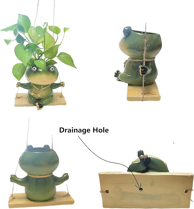 Hanging Planter for Indoor/Outdoor Plant - Swinging Frog Planter Pot for Succulents, Small Plants (Animal Home Decor) (Green)