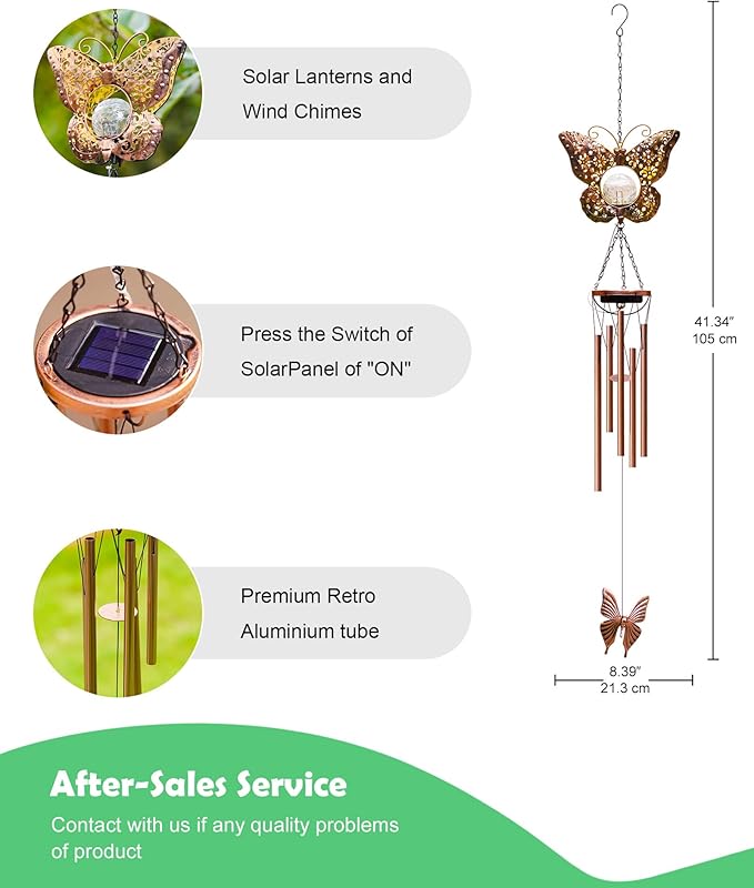 Wind Chimes Outdoor Indoor Decor: Valentines Day Gifts for Her Wife Women Mom Grandma Birthday - Outside Lights for Garden Yard Patio Porch (Butterfly)