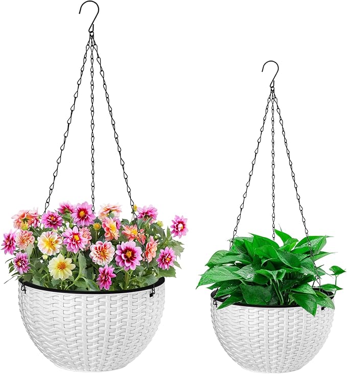 Foraineam 2-Pack Dual-pots Design Hanging Basket Planters Self-Watering Indoor Outdoor Plant & Flower Hanging Pots with Drainer and Chain, 2 Size Assorted (White)