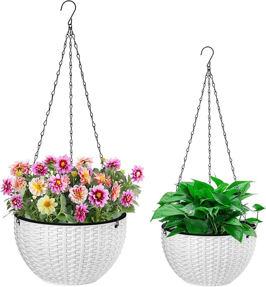 Foraineam 2-Pack Dual-pots Design Hanging Basket Planters Self-Watering Indoor Outdoor Plant & Flower Hanging Pots with Drainer and Chain, 2 Size Assorted (White)
