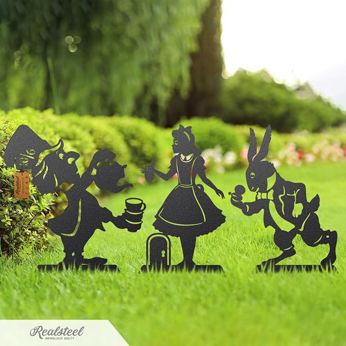 Alice in Wonderland Garden Stakes – Set of 3 | RealSteel Original Outdoor Yard Art Featuring Alice, White Rabbit & Mad Hatter | Rust-Resistant, American-Made Metal Décor | Black Finish