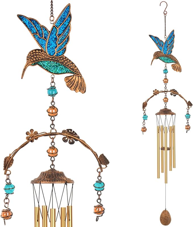 Wind Chimes - Blue Hummingbird Wind Chimes for Outside Deep Tone 34 inches 5 Aluminum Tubes, Thanksgiving, Christmas, Birthday Gifts for Mom, Grandma, Decorations for Home, Garden, Patio, Backyard