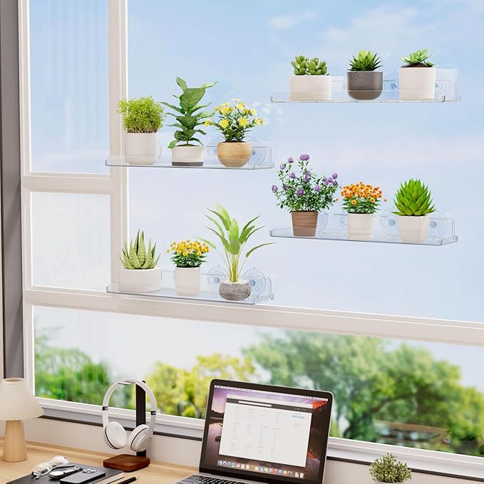 Lifewit Window Plant Floating Shelves 15 x 4 inch, 3 Pack Acrylic Suction Cup Shelf, Window Sill Extender for Indoor Succulent Plants, Micro Greens, Seed Starter Pots, Herb Planters