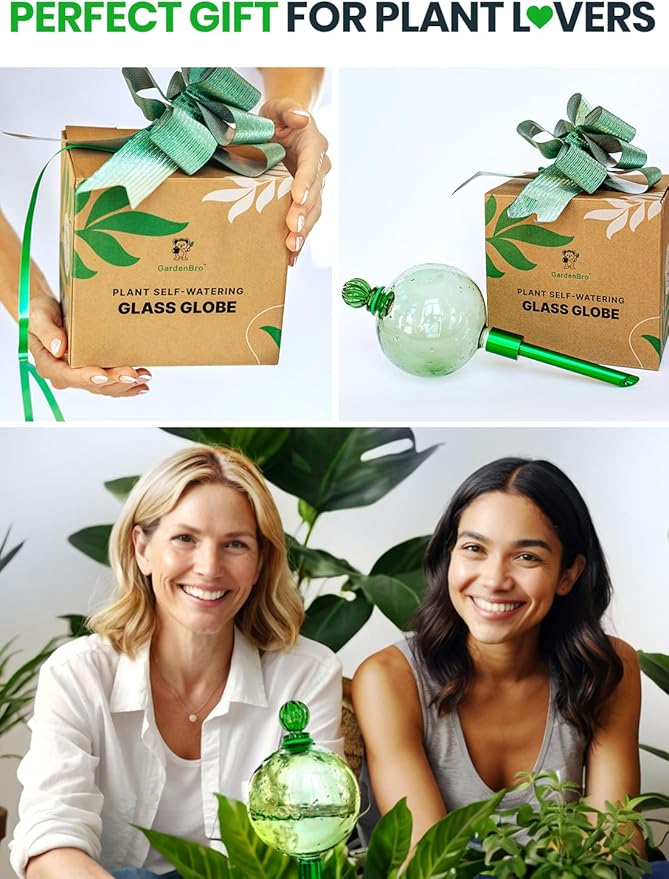16 Oz Plant Watering Globes for Indoor Plants with Metal Self Watering Planter Insert - Premium XL Glass Hand-Blown Globe - Automatic Plant Waterer Indoor, Gift Idea for Gardeners [1 Globe, Green]