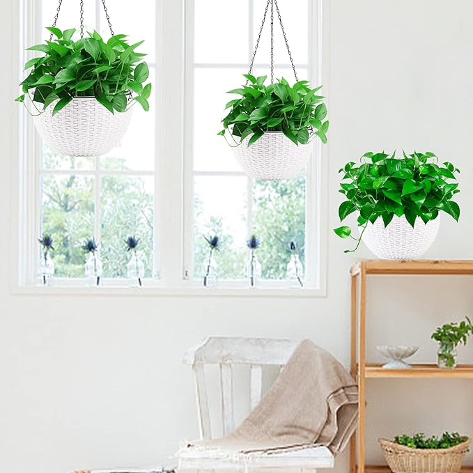 Foraineam 2-Pack Dual-pots Design Hanging Basket Planters Self-Watering Indoor Outdoor Plant & Flower Hanging Pots with Drainer and Chain, 2 Size Assorted (White)