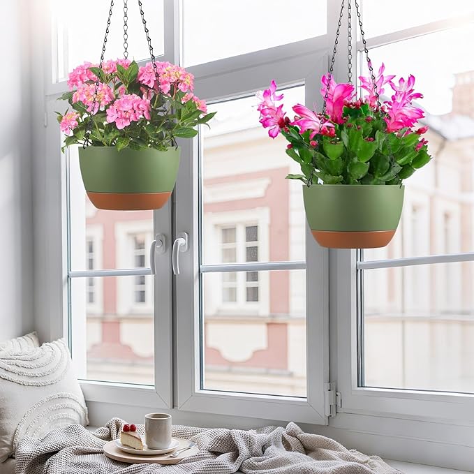 Set of 2 10 Inch Self Watering Hanging Planters for Indoor Outdoor Plants, Color Blocking Hanging Baskets Flower Pots with Drainage Hole & Removable Water-Storage Tray