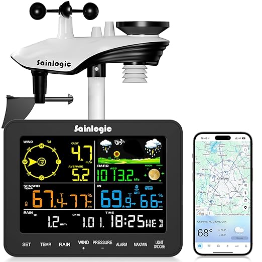 Sainlogic Smart WiFi Weather Stations Wireless Indoor Outdoor SA6 Plus,24/7 AI Weather Forecast by Weatherseed®,APP Alert,Weather Station with Rain Gauge and Wind Speed,2-Year Data Storage（Only 2.4G）