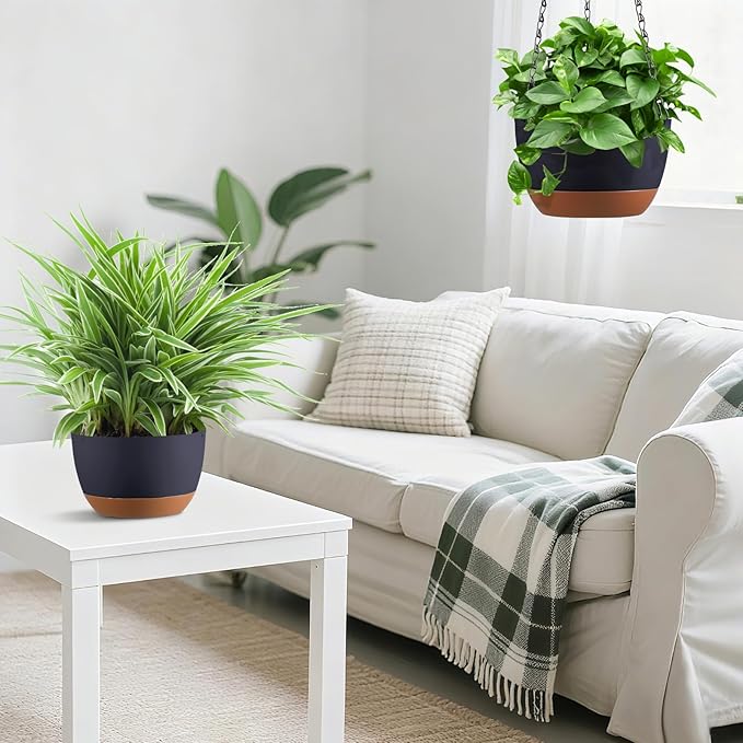 Set of 2 8 Inch Self Watering Hanging Planters for Indoor Outdoor Plants, Color Blocking Hanging Baskets Flower Pots with Drainage Hole & Removable Water-Storage Tray
