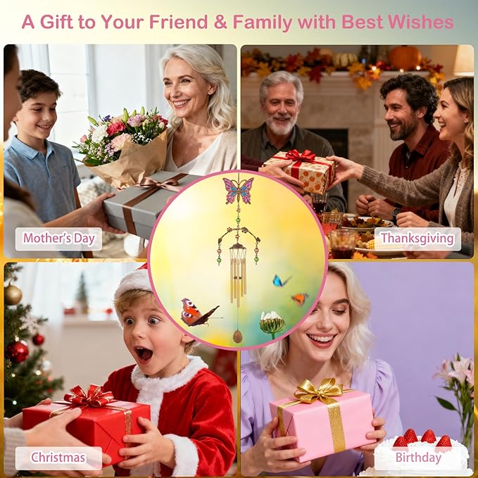 Pink Butterfly Wind Chimes - Wind Chimes for Outside Deep Tone 34 inches 5 Aluminum Tubes, Thanksgiving, Christmas, Birthday Gifts for Mom, Grandma, Daughter, Decor for Home, Garden, Patio, Backyard