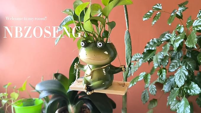 Hanging Planter for Indoor/Outdoor Plant - Swinging Frog Planter Pot for Succulents, Small Plants (Animal Home Decor) (Green)