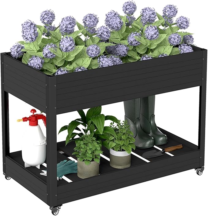 WPC Raised Garden Bed, Waterproof Elevated Planter Box with Legs and Wheels for Outdoor, Standing Patio Planters for Vegetables Flowers Herbs with Drainage Holes, Black