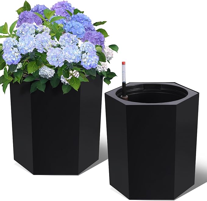 16" Tall Planters Set of 2, Large Outdoor & Indoor Self-Watering Pots with Water Level Monitor, Drainage Hole & Wheels, Planter Pots for Garden, Patio, Balcony, Lounge - Black