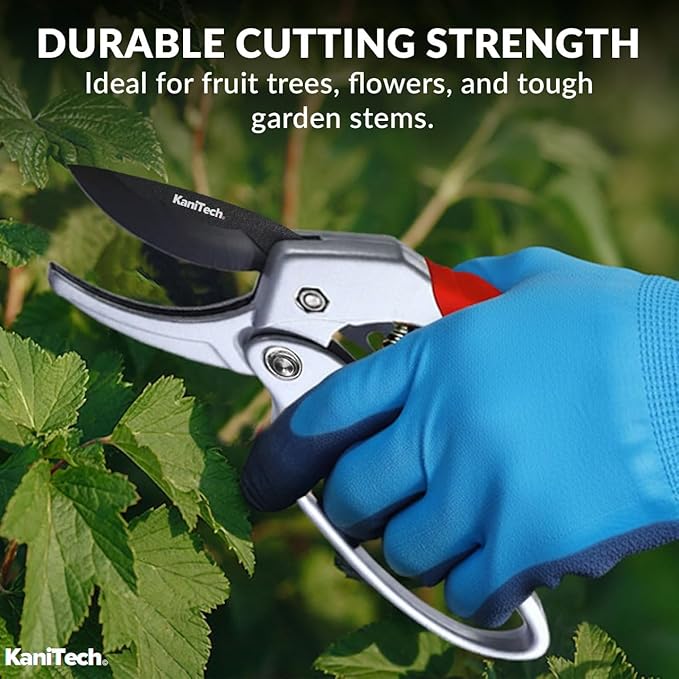 KaniTech Pruning Shears for Gardening with Gloves - Heavy Duty Garden Shears, Aluminum Hand Pruners with TPR Grip Handle, 8 inch 3.55mm Thick Blade - for Branches, Flowers & Plants (Red)