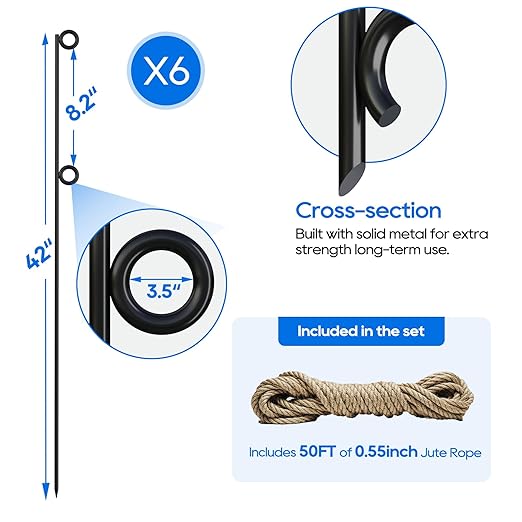 6 Pack 42" Metal Rope Stakes with 50ft Jute Rope, Black Powder-Coated Garden Border Poles with Pointed Ends for Flower Beds, Trees, Paths & Walkway Fencing
