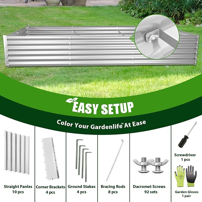 A ANLEOLIFE 6 Pcs 8X4X1.5 ft Rectangular Galvanized Raised Garden Beds Outdoor for Planting Vegetables Flowers Herb, Antique White