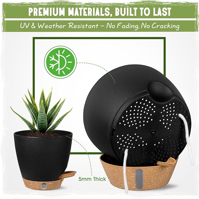 Self-Watering Pots for Indoor Plants 4 Pack, 6/8/10/12 Inch Outdoor Planters with Water Level Indicator&Deep Reservoir, Decorative Flower Pots for Indoor Plants,Home Decor (Black, 12+10+8+6 inch)