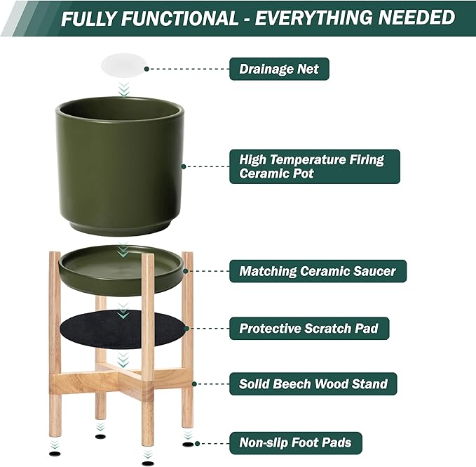 D'vine Dev Ceramic Planter with Natural Stand - 14 Inch Modern Round Flower Pot with Wood Planter Holder, Olive, 55-B-R-J