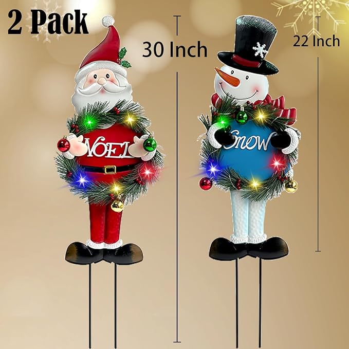 Solar Christmas Yard Decorations Outdoor - 2 Pack Metal Xmas Yard Signs 30” Snowman Santa Claus Lighted Garden Stakes with Colorful Lights for Garden Pathway Holiday Winter Lawn
