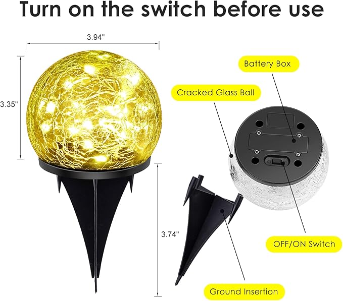 Solar Garden Lights, 4 Pack 120 LED Multicolor Cracked Glass Solar Outdoor Lights Decorative, Upgraded Waterproof Ball Lights for Yard Pathway Patio Lawn Christmas Outside Decor, 3.94"