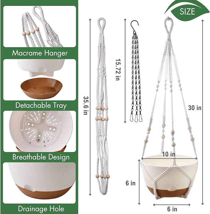 10 Inch Hanging Planters for Indoor Plants,Set of 2 Hanging Pots for Plants with Self-Watering, Outdoor Hanging Plant Pot with Drainage and 2 Kinds of Baskets Hangers for Home Decor and Garden