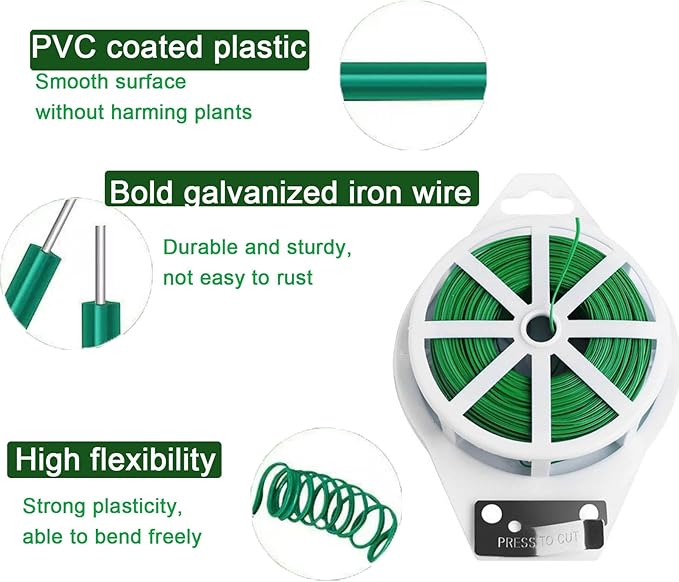 Wentwos Green Garden Plant Ties,328FT/100m Wire,Sturdy Plant Ties with Cutter for Gardening Plants Growth and Care,Plant Garden Twine Wires for Office Home Cable Organization