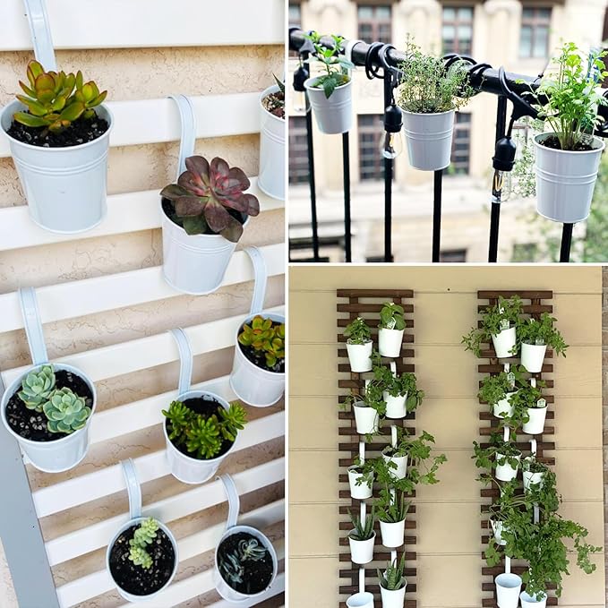 20 Pack 4 Inch Railing Hanging Planter, White Small Hanging Bucket Planters, Metal Hanging Flower Pots, Metal Railing Bucket for Outdoor, Balcony, Fence, and Porch with Detachable Handles