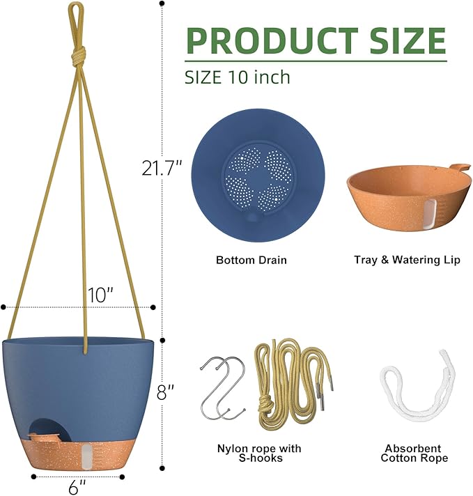 ZMTECH 10 Inch Hanging Planters for Indoor Plants & Outdoor - 2 Pack Self-Watering Hanging Pots with Drainage Holes, Visual Reservoir, Plastic Hanging Baskets Flower Pots with Removable Saucer, Blue