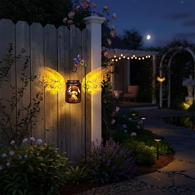 Solar Lanterns Outdoor Waterproof Metal Highland Cow Patterns with Resin Highland Cow Inside Garden Decor Gifts for Women Mom Grandma Hanging Solar Lights Decoration Outside for Yard, Patio, Backyard