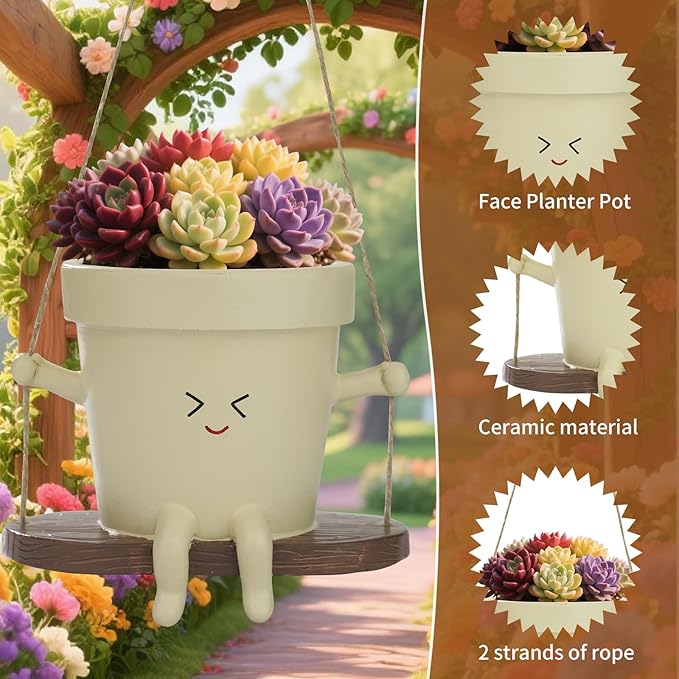 Swing Face Planter Pot Hanging Cute Flower Head Planter Without Hole, Unique Sitting Sway Pots for Indoor/Outdoor Plants, Succulent & String of Pearls Planters for Mother