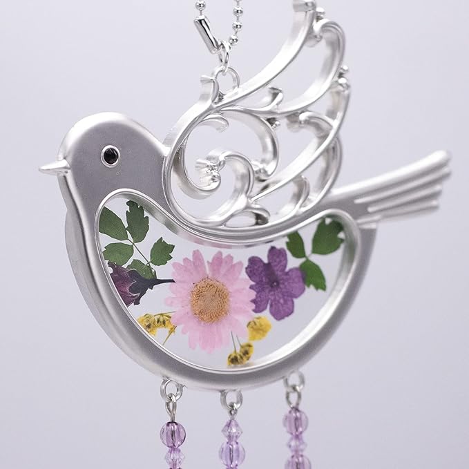 Laraine Bird Suncatcher with Pressed Flower Wings Mather's Day Birdie Glass Wind Chime Ornament Charm with Metal Heart Gifts for Mom Grandma Aunt Birthday (Pink, Mom)