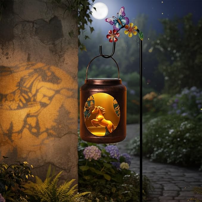Solar Lanterns Outdoor Waterproof Metal Horse Patterns with Resin Horse Inside Garden Decor Gifts for Women Mom Grandma Hanging Solar Lights Decoration Outside for Yard, Patio, Backyard, Porch