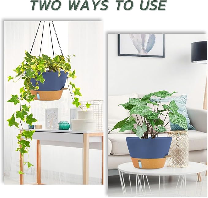ZMTECH 12 Inch Hanging Planters for Indoor, Large Hanging Plant Pot with Visible Water Level and Chain, Self Watering Hanging Flower Pot for Outdoor Garden Porch(Blue)