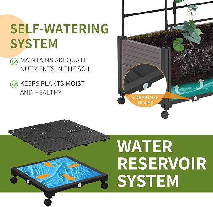 Raised Garden Bed Planter Box with Trellis, 72.8'' Tomato Planters for Climbing Plants Vegetable Vine Flowers Outdoor Patio Tomato Cage, Self Watering Planter with Wheels