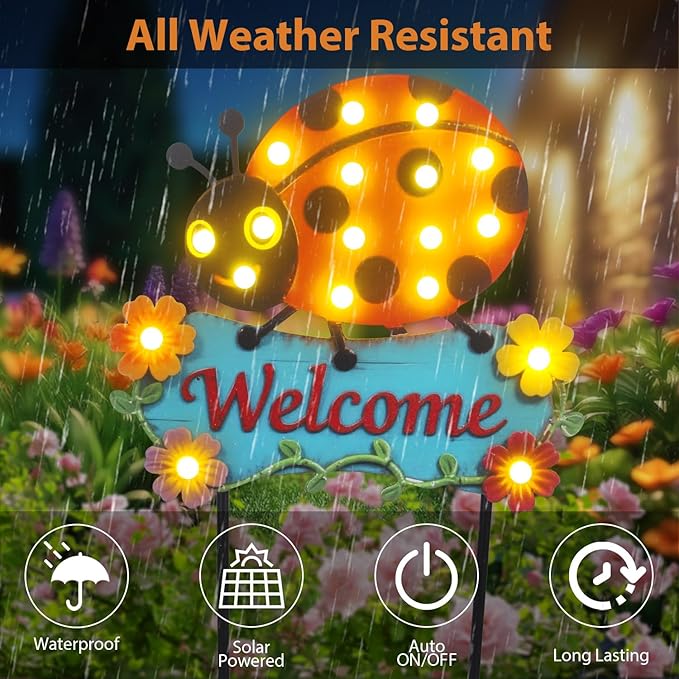 Garden Stakes Decorative 43.3inch with Large Metal Welcome Sign, Solar Pathway Lights Outdoor Waterproof with 18 String Bulbs for Spring and Summer Decor, Ladybug Lawn Ornaments
