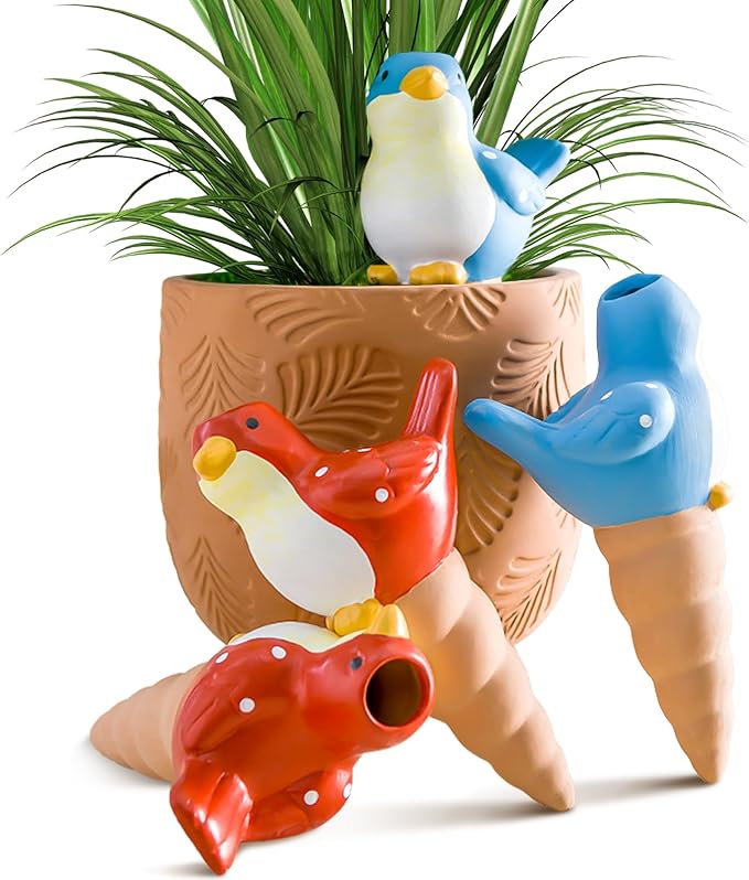FirstGift 4 Pack Plant Self-Watering Stakes Terracotta Automatic Plant Waterer Devices Watering Globes Self-Watering Clay Planters Devices Perfect for Vacation Garden Plant Care （Blue/Red Bird）