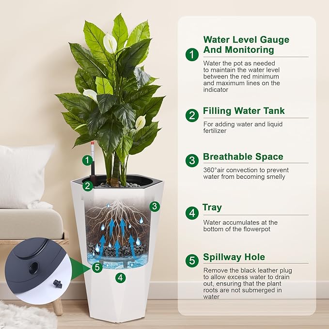 CABIHOME Set of 2 Large Tall Planter for Indoor or Outdoor,22.5" Self-Watering Diamond Planters with Water Level Monitor & Wheels for Garden, Front Porch, Patio, White