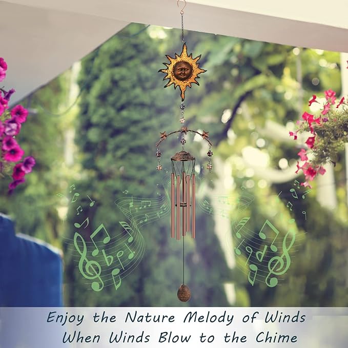 Yellow Sun Wind Chime - Wind Chimes for Outside Deep Tone 34 inches 5 Aluminum Tubes, Thanksgiving, Christmas, Birthday Gifts for Dad, Grandpa, Son, Decoration for Home, Garden, Patio, Backyard