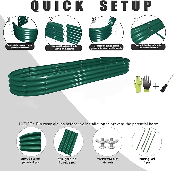 2 Pack 12x2x1FT Galvanized Raised Garden Bed Kit Oval Metal Ground Planter Box Outdoor Bottomless Planter Raised Beds for Vegetables Flowers Herbs Fruits, Green